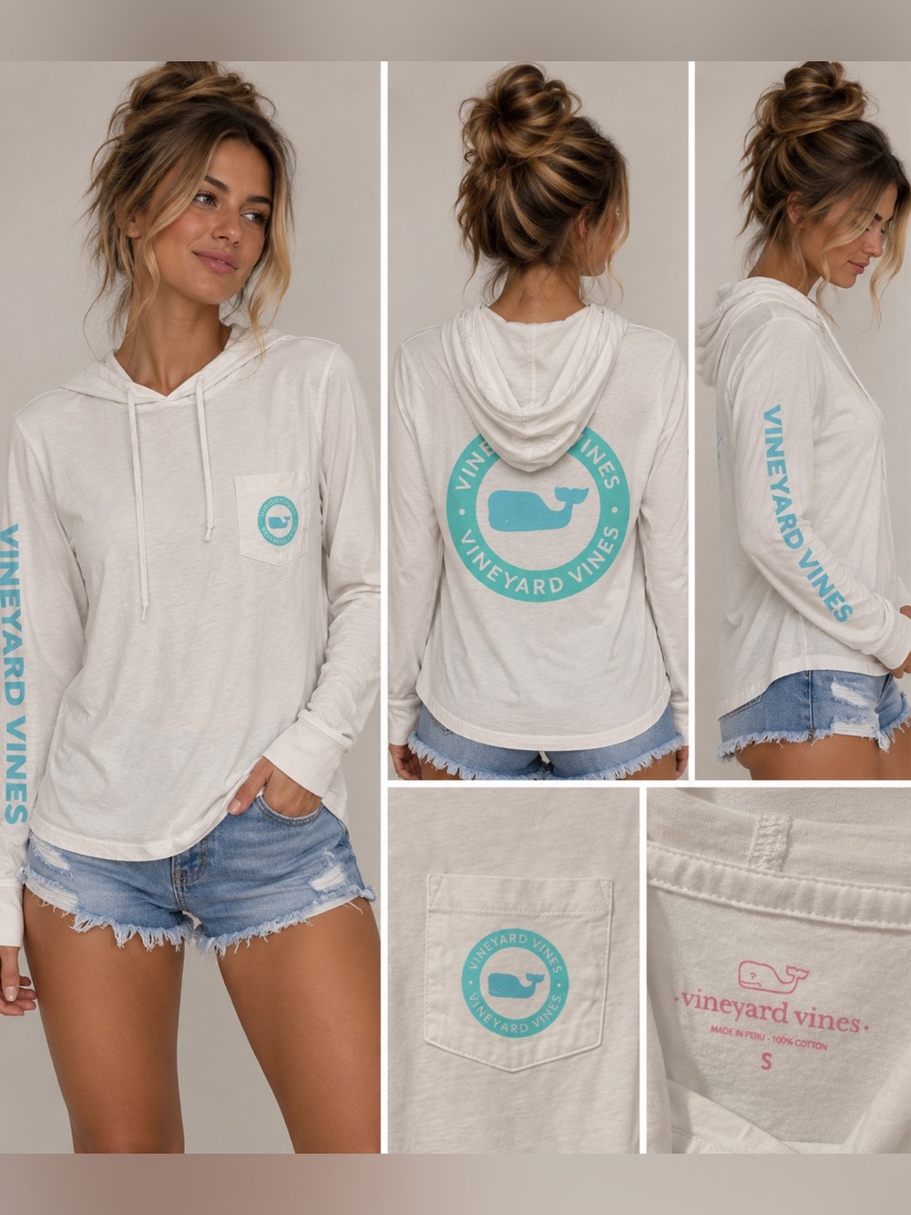 Vineyard Vines Cream Hoodie with Mint Whale Logo